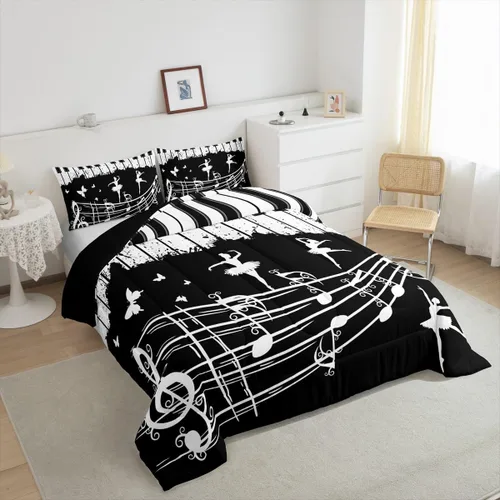 Miniatura 5 de Juego de ropa de cama con música de piano, tamaño matrimonial, juego de edredón de notas musicales en blanco y negro, 3 piezas, silueta de Multi 10