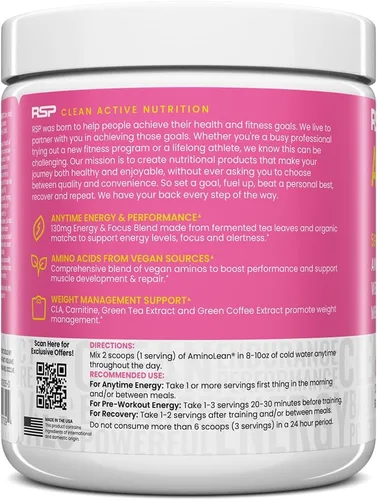 Miniatura 2 de RSP NUTRITION AminoLean Polvo Pre Entrenamiento, Energía de Aminoácidos y Control de Peso con Aminoácidos BCAA Veganos, Cafeína Natural, Impulso Pre