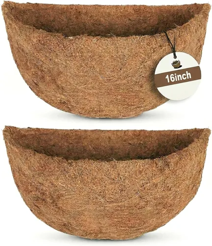 Y&M Forros de fibra de coco semicirculares preformados de 16 pulgadas, 2 forros de coco natural para cestas colgantes, jardineras, montadas en la