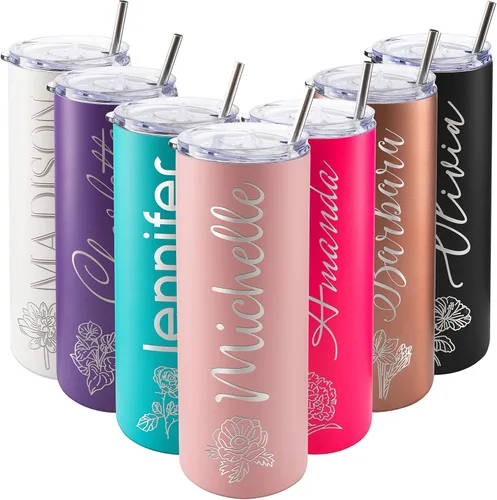 Miniatura 11 de Vaso delgado personalizado, popote, tapa y cepillo incluidos, oro rosa de 20 onzas, regalos personalizados para mujeres, regalo para mamá, vaso