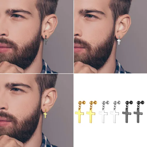 Miniatura 4 de OIDEA Aretes de cruz de acero inoxidable para hombre, juego de aretes de aro colgantes con bisagras, regalo de joyería para hombres y mujeres