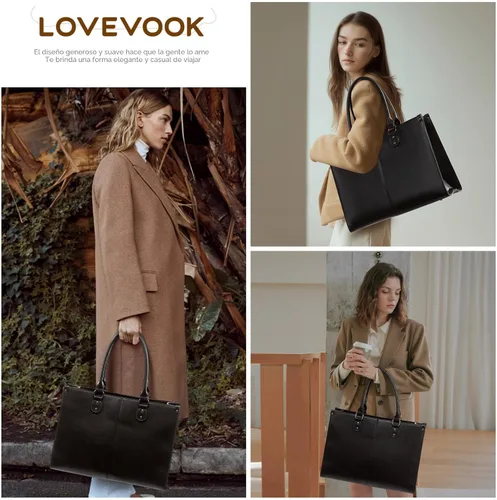 Miniatura 2 de LOVEVOOK Bolsa de mano para laptop para mujer, 15.6 pulgadas, de gran capacidad, de cuero vintage, impermeable, con bolso de mano, regalo ideal