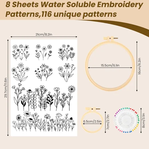 Miniatura 2 de Patrones de bordado solubles en agua, 8 hojas, 116 piezas, patrones de bordado de palo y puntada con alfabeto preimpreso y hojas de flores y aro