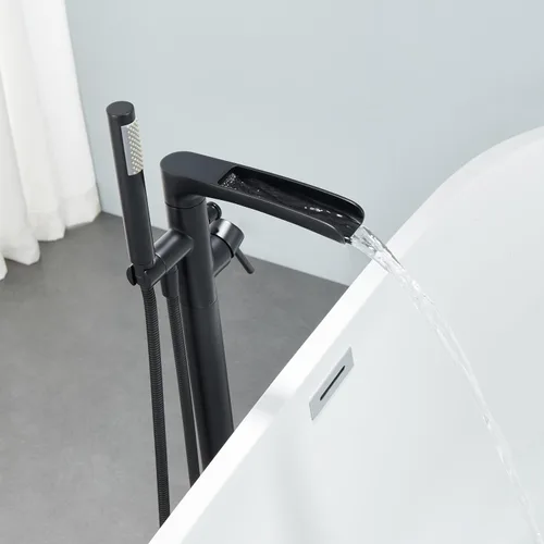 Miniatura 8 de Wowkk Grifo de Bañera Cascada Independiente Negro Montaje en Piso Relleno de Tina de Latón Grifo de Baño de Una Sola Manija con Ducha de Mano
