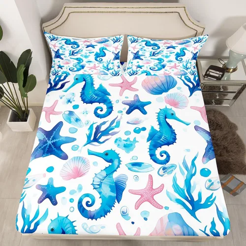 Miniatura 27 de Erosebridal Juego de sábanas bajeras de pulpo oceánico, tamaño individual, juego de ropa de cama temática de playa costera, decoración náutica