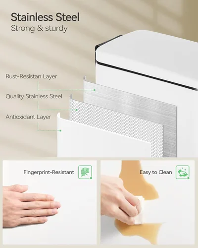 Miniatura 3 de Nunsino Cubo de basura pequeño para baño con 15 bolsas de basura, cubo de basura de acero inoxidable de 2.6 galones con tapa de cierre suave, Blanco