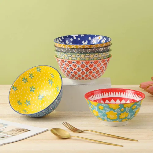 Miniatura 2 de Juego de Tazones de Porcelana para Sopa y Cereales - Tazones de Cerámica para Cocina de 23 oz - 6 Juegos de Tazones Coloridos con Patrones Lindos