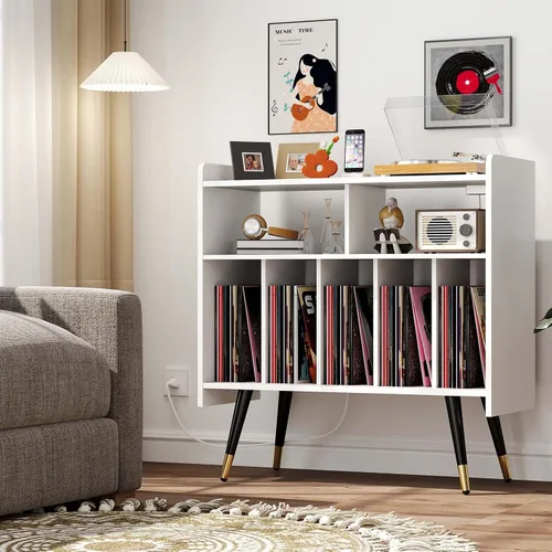 Miniatura 7 de Soporte para tocadiscos blanco: mesa de discos de vinilo de 33 pulgadas con almacenamiento, gabinete estéreo con almacenamiento de álbumes, gabinete