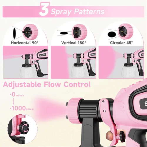 Miniatura 5 de VONFORN Pulverizador de pintura, pistola de pulverización HVLP de 700 W con juntas de limpieza y soplado, 4 boquillas y 3 patrones, fácil de Rosa