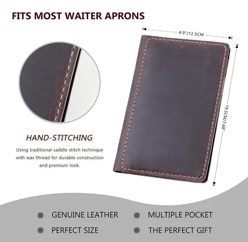 Miniatura 4 de Libreta organizadora para meseros con bolsillo con cremallera, tarjetero para restaurante de piel genuina para meseras, accesorios para meseros que