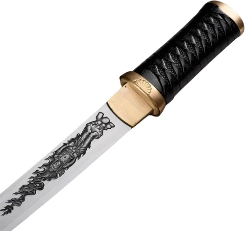 Miniatura 5 de Hoja de crisantemo japonesa real hecha a mano tanto corta katana samurái real de 13 pulgadas 1065 hoja de acero de resorte de acero de espiga