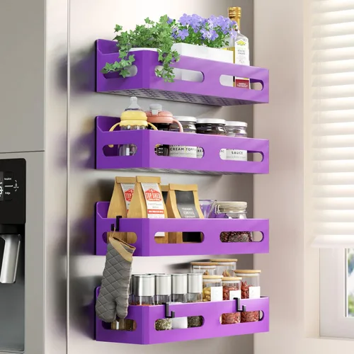 Miniatura 8 de Sevenblue Paquete de 4 estantes magnéticos para especias para refrigerador, organizador de estantes para especias, estante magnético móvil Blanco