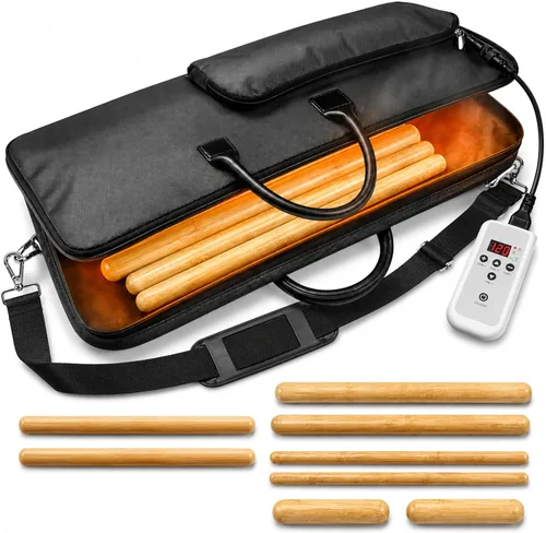 SereneLife Juego de calentadores de palos de masaje de bambú, kit de masajeador eléctrico portátil con controlador digital de temperatura, bolsa de