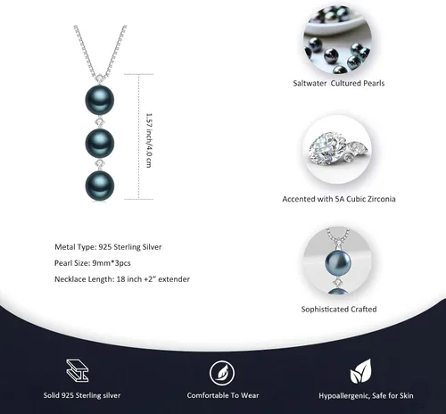 Miniatura 17 de Collar de perlas negras, blancas, doradas, grises para mujer, collar con colgante de plata esterlina, perlas cultivadas en agua salada auténticas