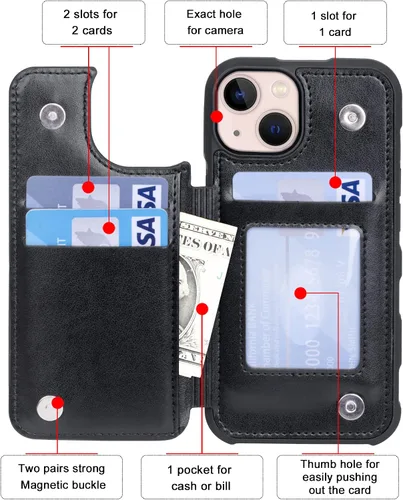 Miniatura 3 de Arae Funda para iPhone 13 con tarjetero - Funda tipo cartera con bolsillos para tarjetas de piel sintética con tapa trasera para iPhone 13 de 6.1