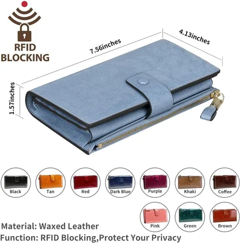Miniatura 25 de Itslife - Cartera de piel sintética encerada para mujer con bloqueo de identificación de radio frecuencia (RFID), de gran capacidad, encerada