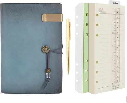 Miniatura 21 de Wonderpool - Diario de piel con papel rayado y bolígrafo, rellenable, cuaderno de espiral con 6 anillas, con libretas pautadas, cubierta vintage
