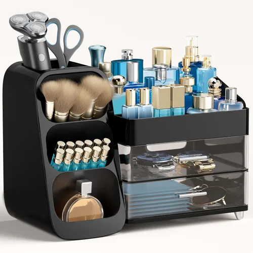 Miniatura 11 de HBlife Organizador de maquillaje con soporte para brochas para tocador, organizador grande de plástico para tocador de baño, almacenamiento