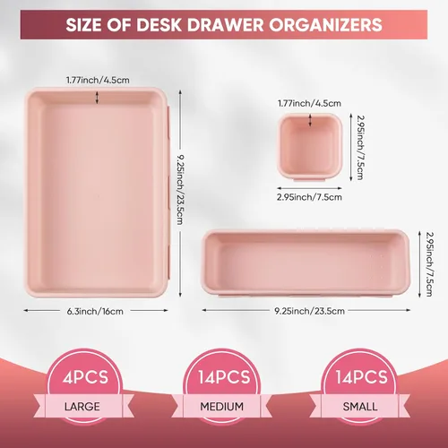 Miniatura 2 de Organizador de cajones de escritorio de 32 piezas, bandeja de organización de oficina, organizador versátil de tocador con almohadillas Rosa