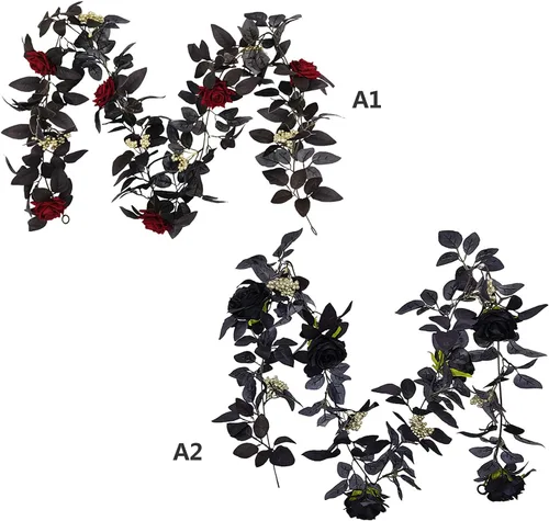 Miniatura 7 de Guirnalda artificial de seda negra de 5.9 pies para Halloween, flores artificiales de seda con hojas, flores decorativas artificiales para colgar