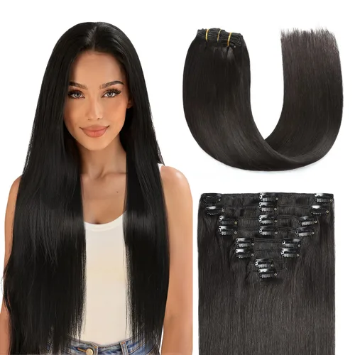 Miniatura 12 de Sunya Extensiones de cabello humano real con clip, color negro azabache, doble trama, lacio, 12 pulgadas, #1, 8 unidades, 3.53 oz