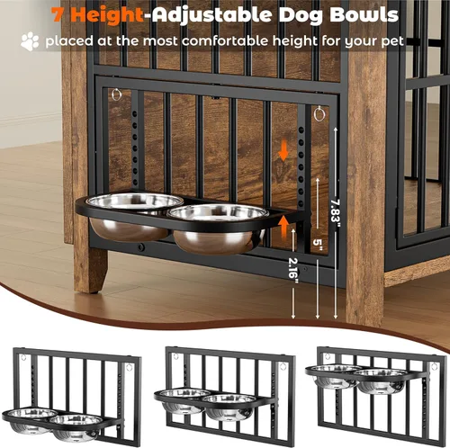 Miniatura 5 de Lulive Mueble de jaula para perros, jaula de madera para perros de interior con cuencos ajustables de 360° y altura, muebles de doble puerta