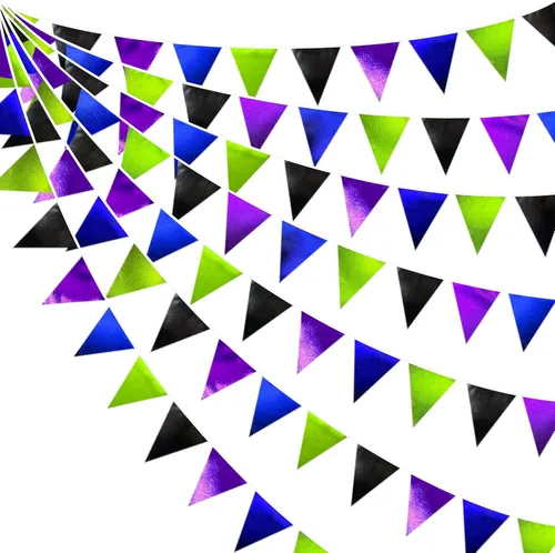 Miniatura 38 de Decoración de fiesta iridiscente de 33 pies, tela holográfica, banderín triangular, banderín de algodón, guirnalda de banderines para cumpleaños