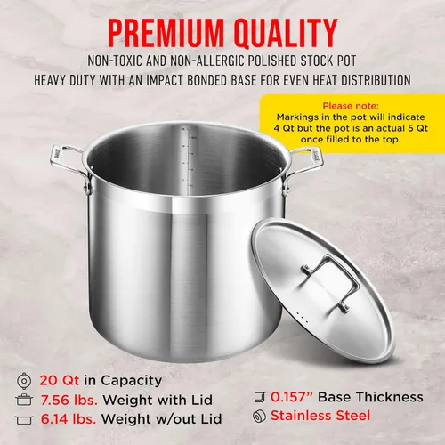 Miniatura 6 de Olla de acero inoxidable con tapa, 20 cuartos de galón, acero inoxidable 18/8 duradero, base con unión por impacto para calentamiento uniforme, asas