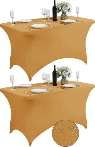 Miniatura 34 de SuperO - Paquete de 2 manteles de elastano impermeables para mesas de 6 pies, mantel elástico universal ajustable para fiestas, banquetes, bodas
