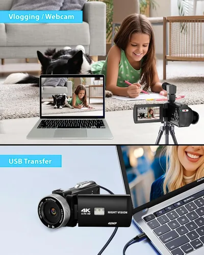 Miniatura 6 de Videocámara 4K 48MP con visión nocturna IR, cámara de vlogging con pantalla táctil abatible de 3.0 pulgadas para YouTube, zoom digital 18X, 2