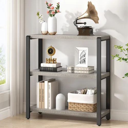 Miniatura 15 de FOLUBAN Estantería de 3 niveles, estantería industrial y estantes para libros, para dormitorio, madera rústica y metal, para oficina, roble