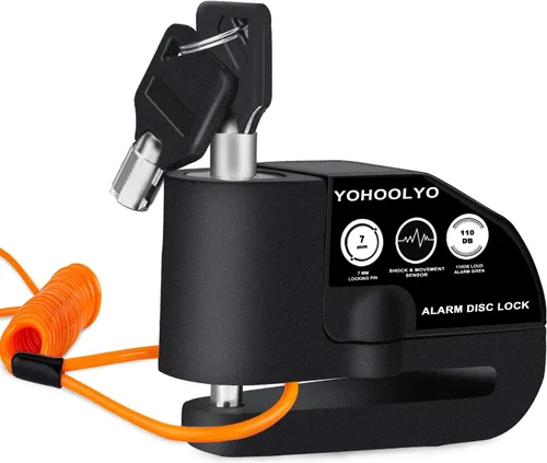 YOHOOLYO Candado de Disco con Alarma para Motocicleta, Bloqueo de Freno de Disco Antirrobo, Resistente al Agua, 110 dB, Pasador de 7mm, Cable de