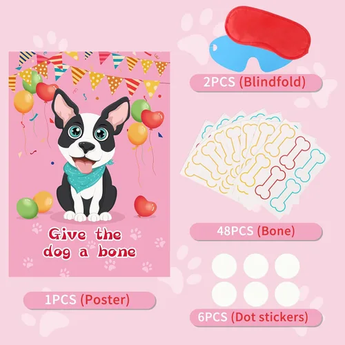 Miniatura 4 de Fowecelt Juego de fiesta Pin The Bone on The Dog con 48 piezas de hueso, vendas de ojos, póster y adhesivos para suministros de fiesta de cumpleaños