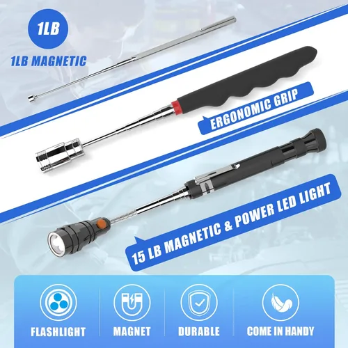 Miniatura 4 de Juego de 5 herramientas magnéticas FFIPBGE, varilla de recogida de 1lb y 15lb, herramienta magnética de recogida con linterna, espejo de inspección