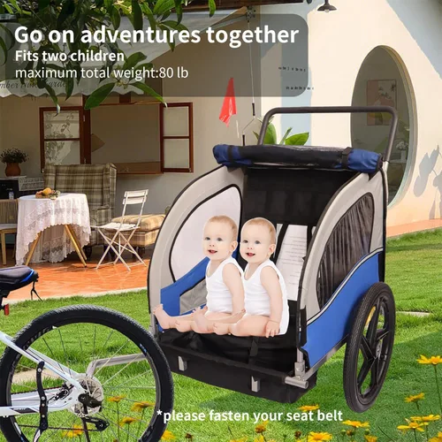Miniatura 8 de Remolque y cochecito de bicicleta para niños de 2 asientos, remolque de bicicleta y cochecito 2 en 1 para 2 niños, plegable con rueda delantera