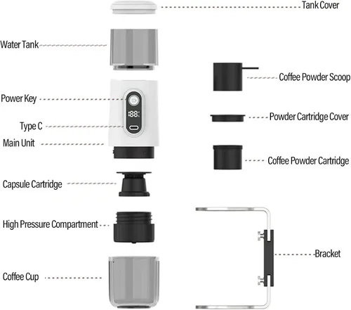 Miniatura 8 de Zunate Cafetera portátil, cafetera de viaje compatible con café molido y cápsulas para viajes, camping, senderismo, pesca, picnic y trabajo (blanco)