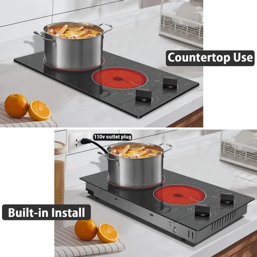 Miniatura 3 de Karinear Placa de Cocina Eléctrica de 2 Quemadores, 110v Estufa Eléctrica Portátil con Perilla, Placa de Cocina de Vidrio, Hermoso Patrón de Veta