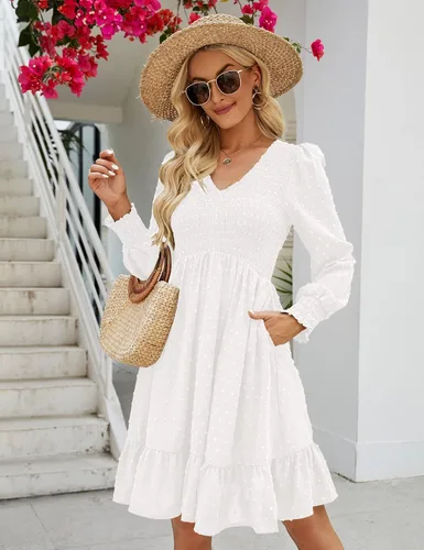 Miniatura 3 de Shermia Vestido de manga larga con cuello en V para mujer, vestidos fruncidos de gasa, mini vestido babydoll con bolsillos