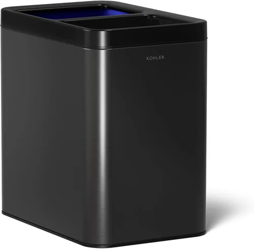 KOHLER K-31315-BST - Bote de basura de dos compartimentos con tapa abierta de 22 litros, acero inoxidable negro