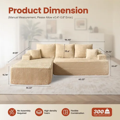 Miniatura 2 de ovios Sofá seccional Cloud de 96 pulgadas con chaise en forma de L, sofá modular moderno con asiento profundo, sofás tapizados para sala de estar