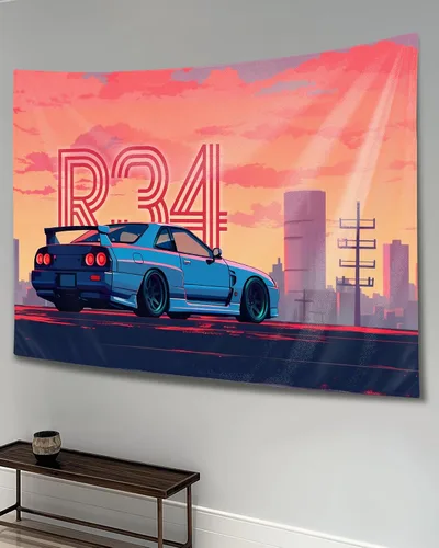 Miniatura 22 de QEOPGNE Tapiz grande para colgar en la pared, diseño de puente de puerta dorada, grandes olas, japonés, retro, Jdm, auto, R34, tapiz para 2
