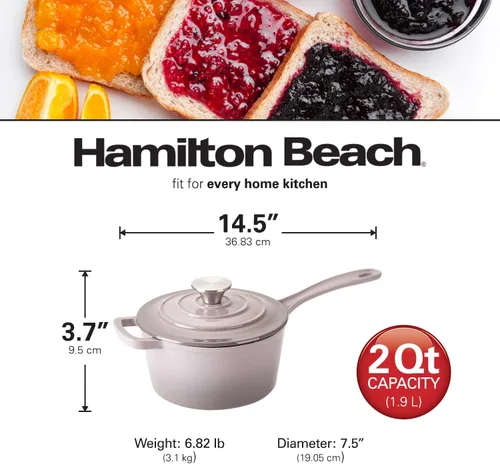 Miniatura 6 de Hamilton Beach Sartén de hierro fundido esmaltado de 2 cuartos de galón, color gris, revestimiento de esmalte crema, olla para estufa y cocción