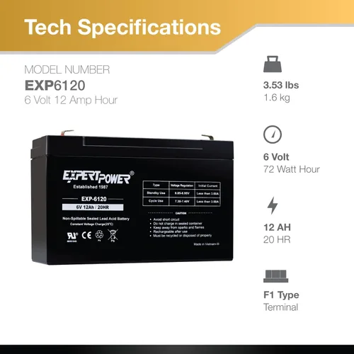 Miniatura 3 de ExpertPower Terminal F1 de batería de plomo sellada SLA de 6V 12Ah F1/reemplazo para Portalac GS PE6V13 (paquete de 2)