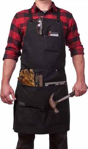 Hudson Durable Goods Delantal de lona encerada de alta resistencia para hombres y mujeres, delantal de trabajo ajustable con bolsillos para Negro