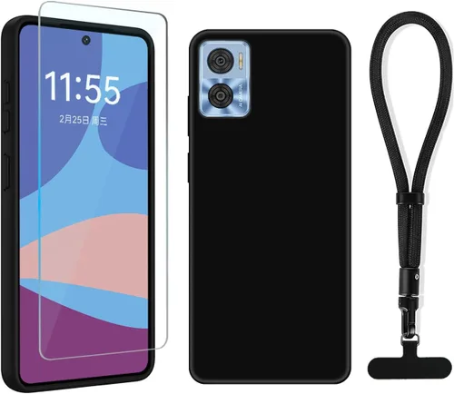 Funda compatible con Motorola Moto E22/E22i, con protector de pantalla y correa para la muñeca, a prueba de golpes, color negro ónix Negro ónice