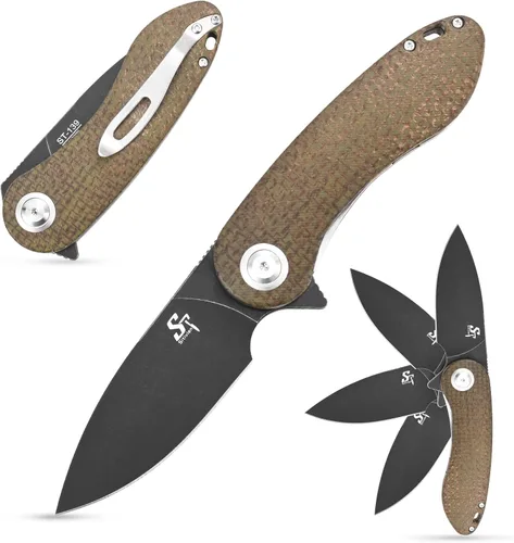 Sitivien ST139 Sandvik 14C28N Cuchillo plegable de hoja de acero, cuchillos de herramientas EDC con mango Micarta para acampar al aire libre, Verde