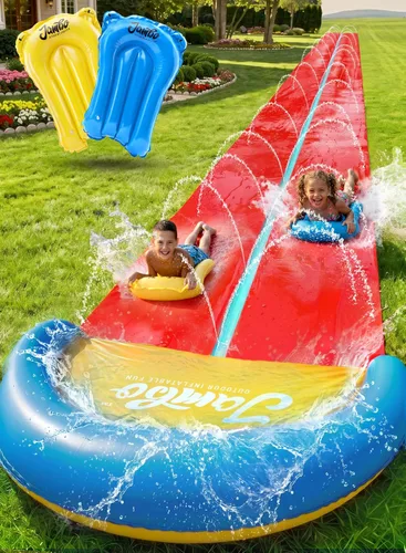 Miniatura 10 de JAMBO 7.3 metros XL Tobogán, Resbaladilla y Aspersor y 2 Tablas de Bodyboard, Tobogán de Agua para Césped de Alta Resistencia, Juguete de Agua