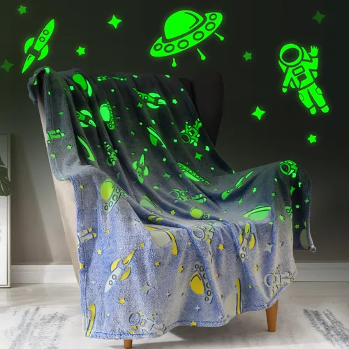 Manta que brilla en la oscuridad con diseño espacial, regalos para niños - Manta de felpa suave con diseño de astronauta, cohete, planeta y estrella