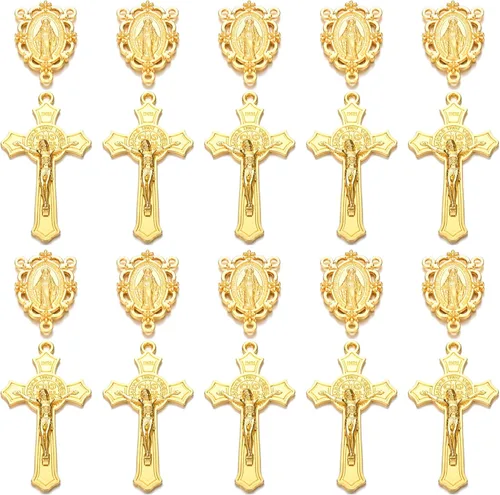 Miniatura 9 de Juego de 20 piezas de conectores centrales de rosario religioso y crucifijo, medalla de tono dorado y dijes de cruz, medalla de 1.26 pulgadas, cruz