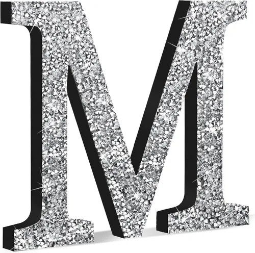 Miniatura 75 de Qunclay Letras brillantes de cristal plateado de 5.7 pulgadas, decoración de diamantes triturados, letra de madera con purpurina con tornillo